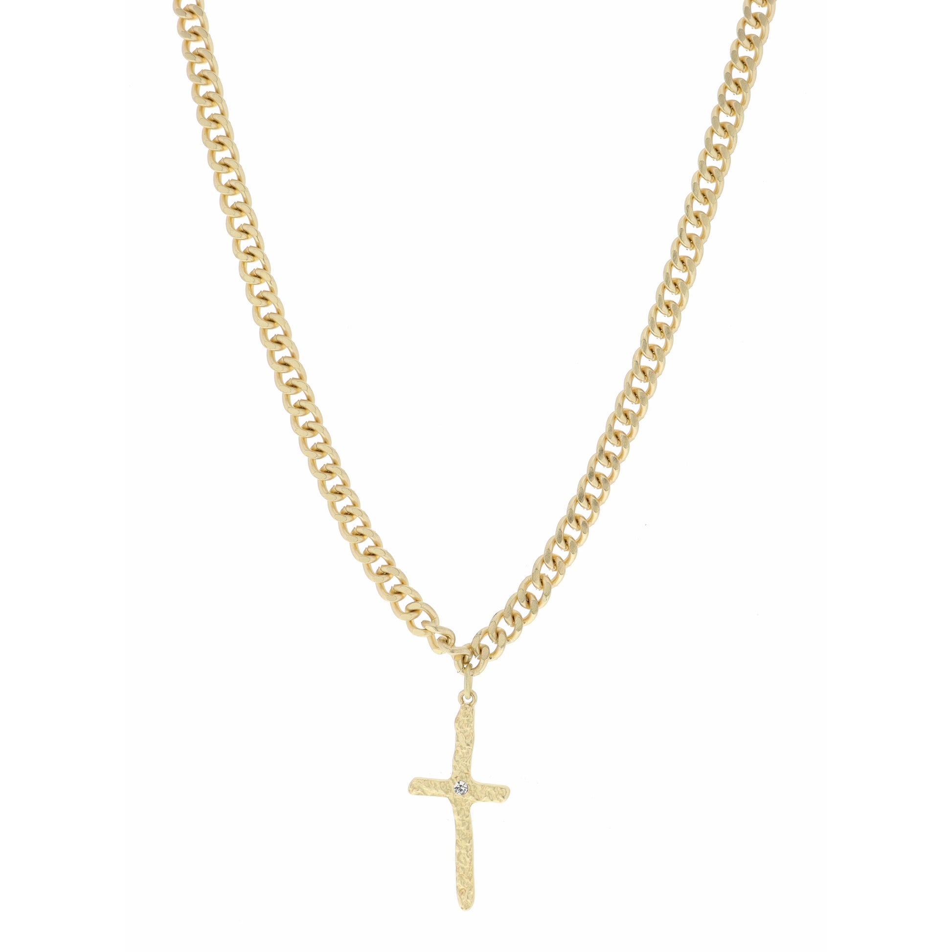 18" Curb Chain and Textured Cross with Small Crystal Necklace, 3" Ext