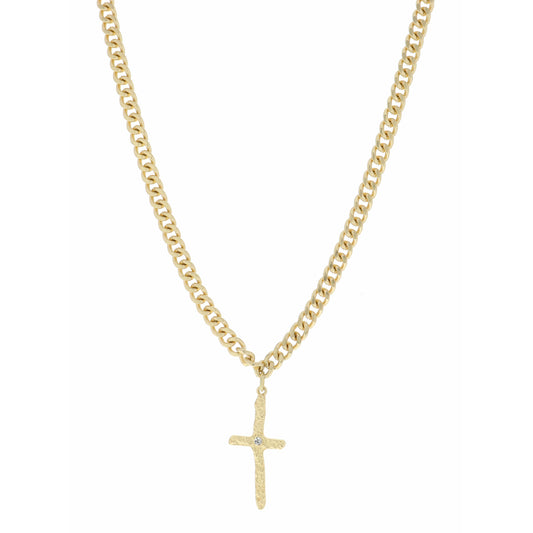 18" Curb Chain and Textured Cross with Small Crystal Necklace, 3" Ext