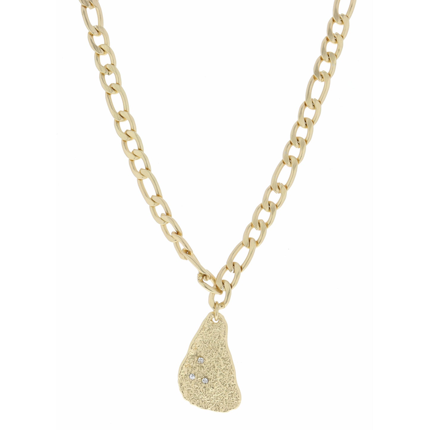 18" Thick Figaro Chain, Textured Freeform, Three Crystals Necklace, 3" Ext