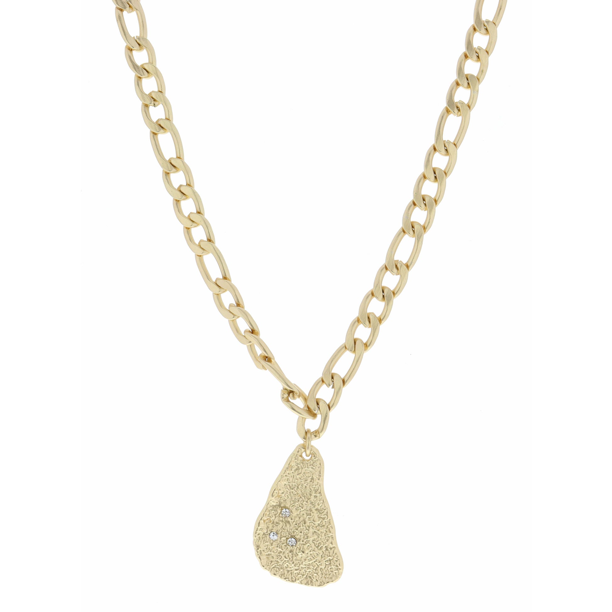 18" Thick Figaro Chain, Textured Freeform, Three Crystals Necklace, 3" Ext