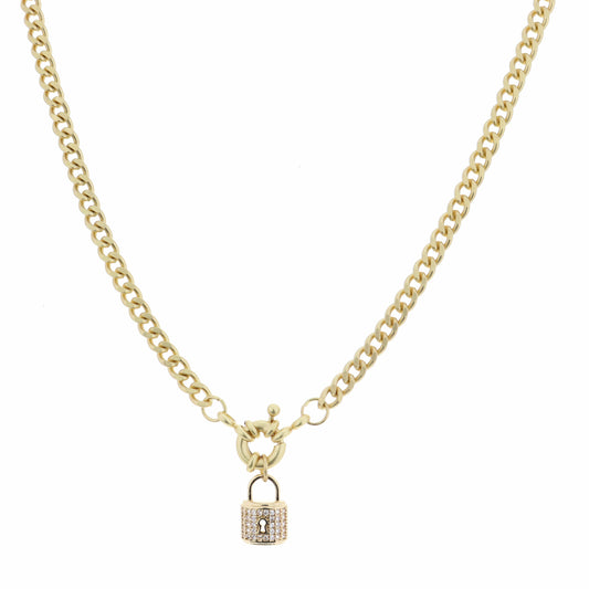 14.5" Clear Crystal and Gold Lock with Keyhole Necklace