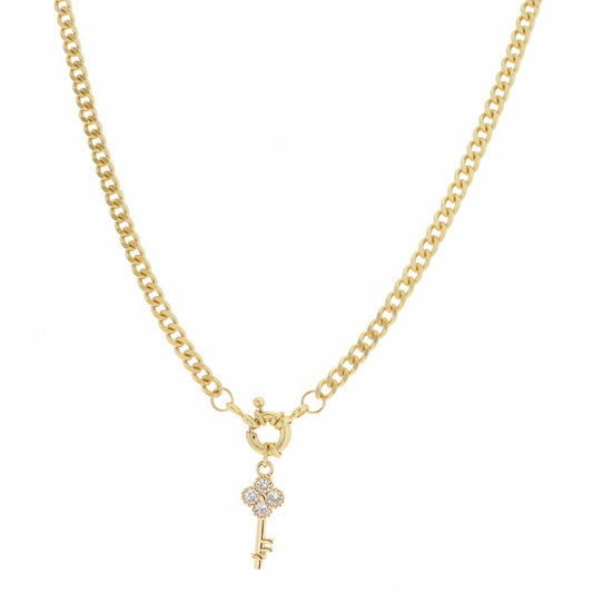 14.5" Clear Crystal and Gold Clover Key Necklace