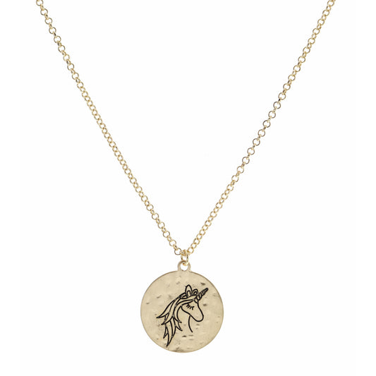 Kids 14" Gold Hammered Disc with Stamped Unicorn Head Necklace, 3" Ext