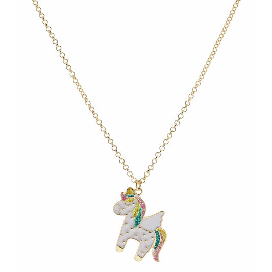 Kids 14" White Pegasus with Multi Glitter Mane & Tail Necklace, 3" Ext