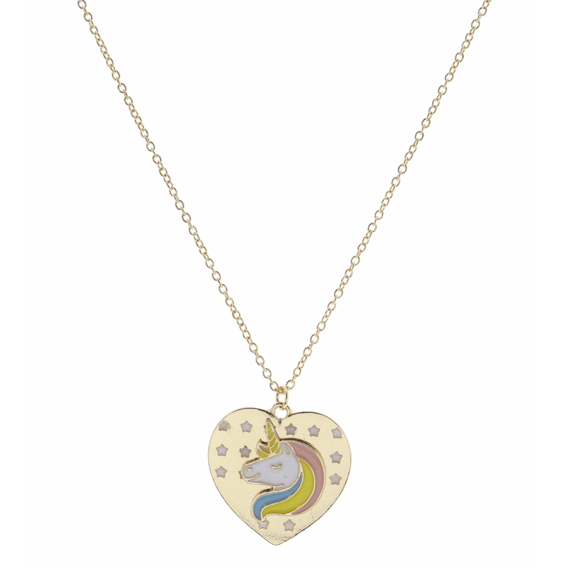 Kids 14" Gold Heart with White Stars & Unicorn Head Necklace, 3" Ext