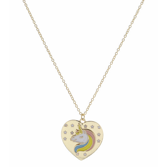Kids 14" Gold Heart with White Stars & Unicorn Head Necklace, 3" Ext