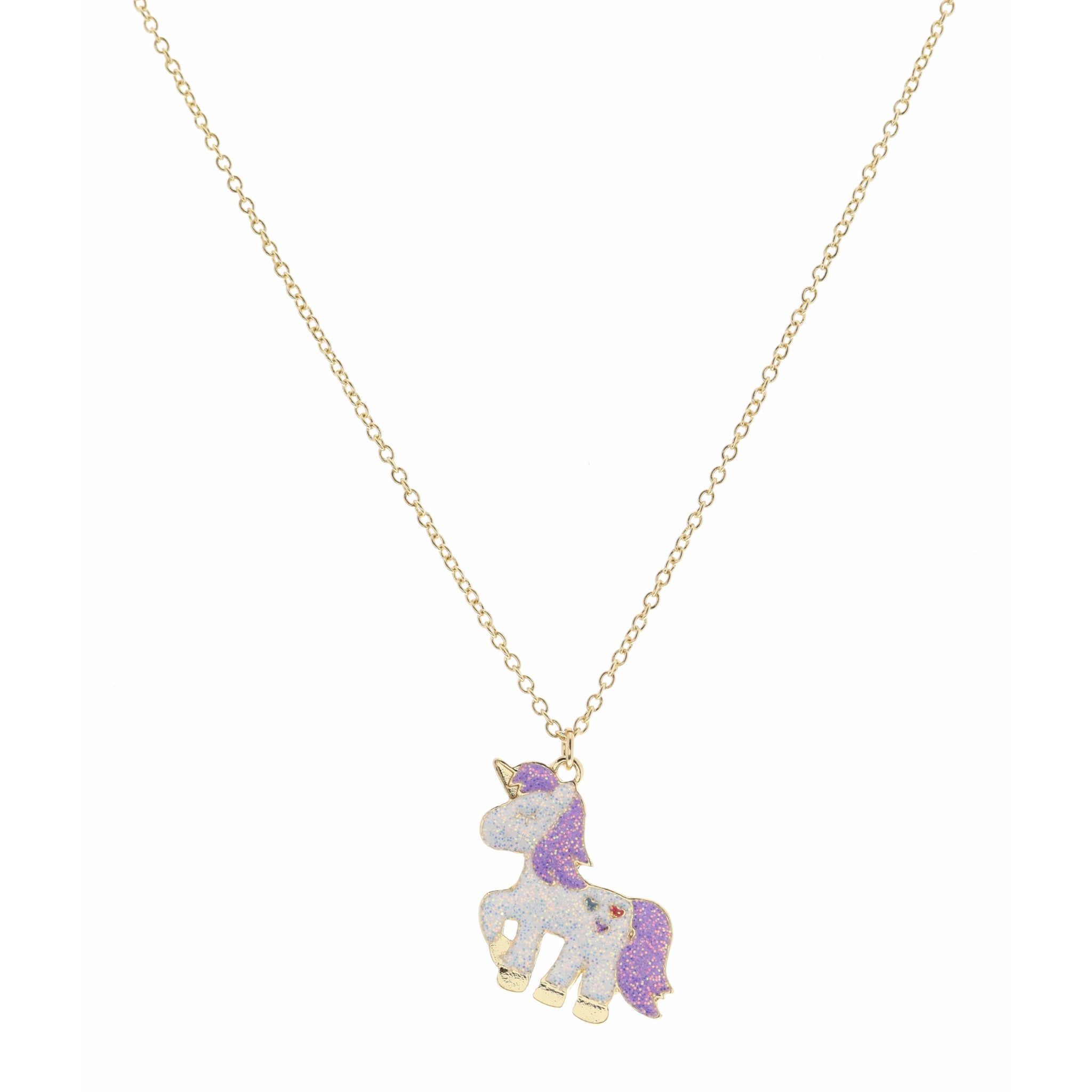 Kids 14" Lavender and AB Glitter Enamel Unicorn Necklace, 3" Ext