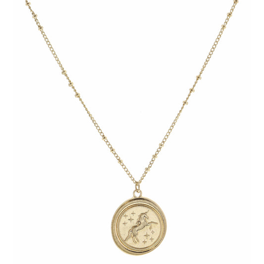 Kids 14" Gold Stamped Unicorn Disc with Stars Necklace, 3" Ext