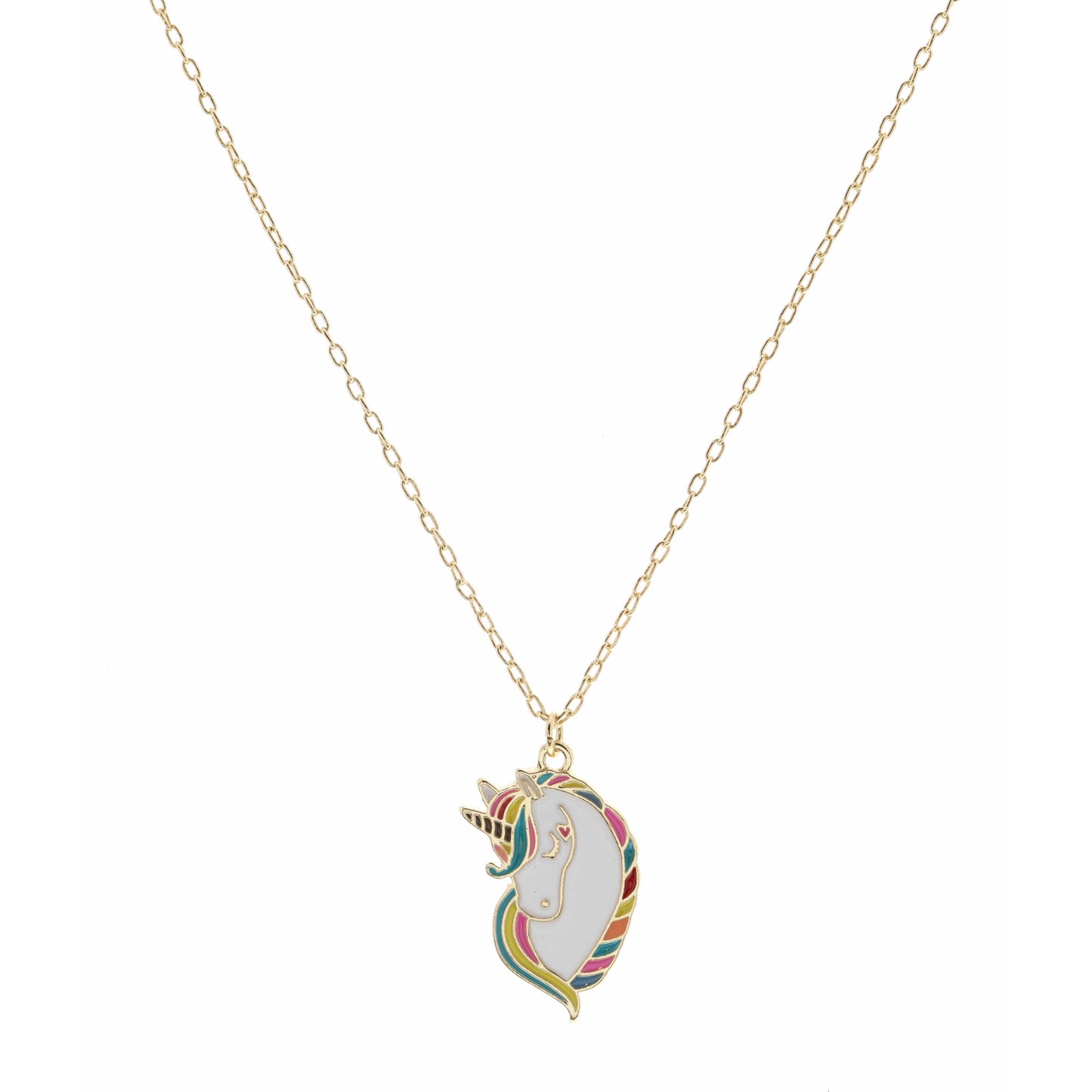Kids 14" Enamel Unicorn Head with Rainbow Mane Necklace, 3" Ext