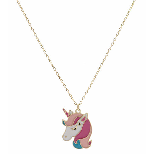 Kids 14" Enamel Unicorn Head with Pink & Blue Mane Necklace, 3" Ext