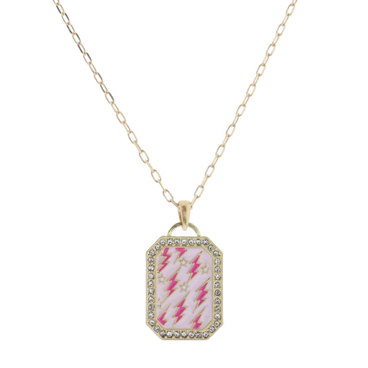 Kids 14" Light Pink Enamel with Pink Lightning & Stars Necklace, 2" Ext