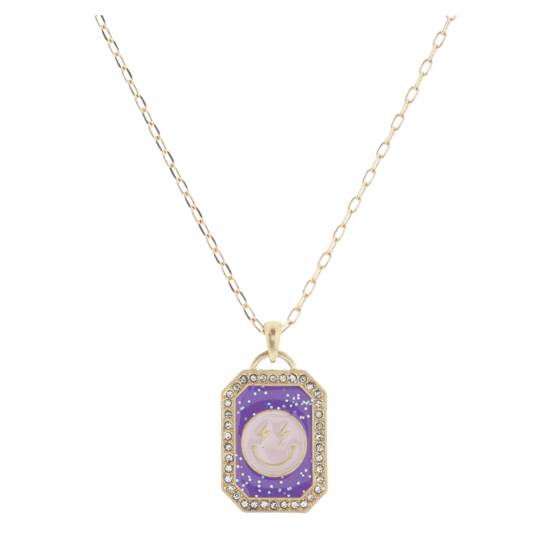 Kids 14" Purple Glitter Enamel with Pink Happy Face Necklace, 2" Ext