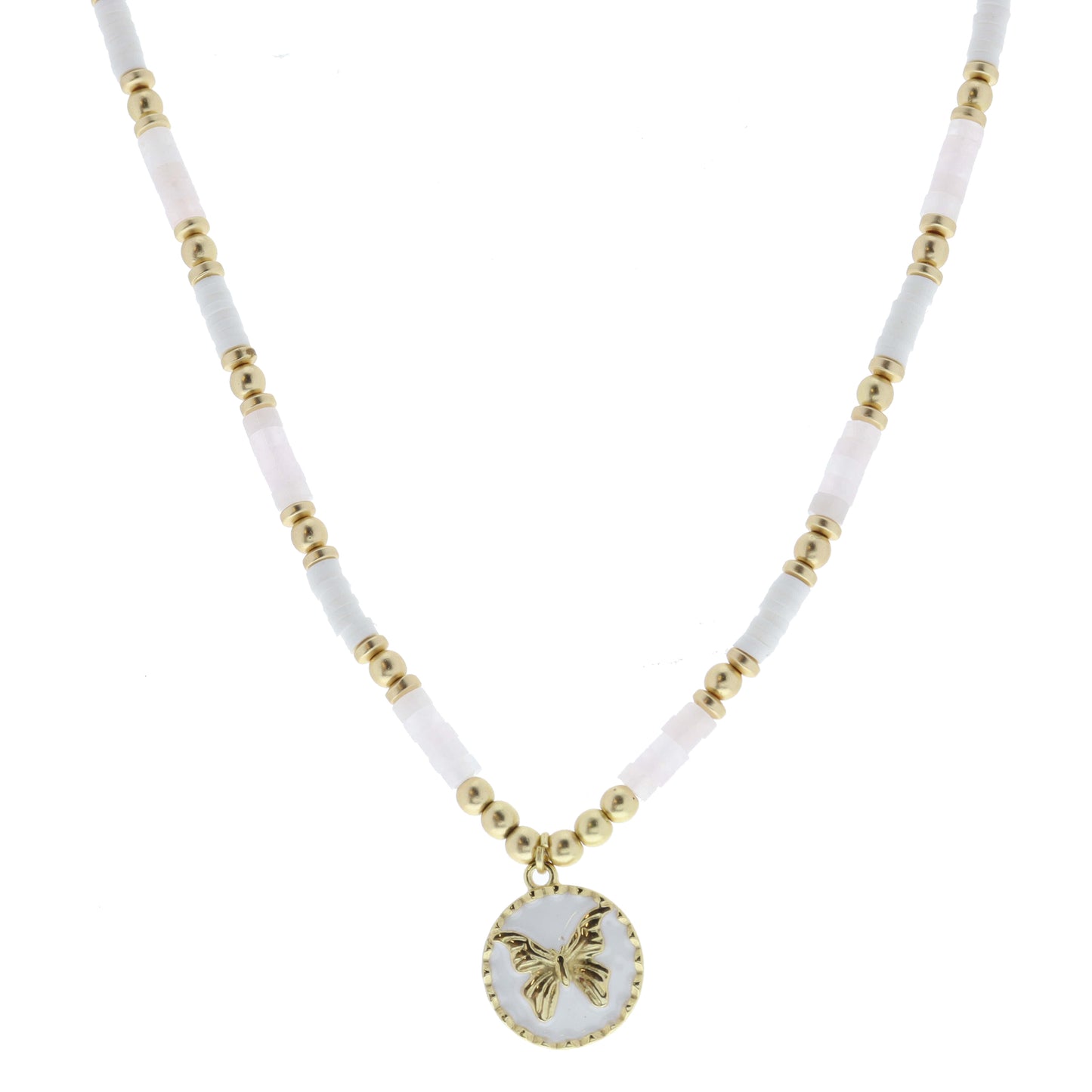 Rose Quartz, White Rubber Sequin, Gold Beaded with Butterfly on Gold Disc and White Enamel Necklace