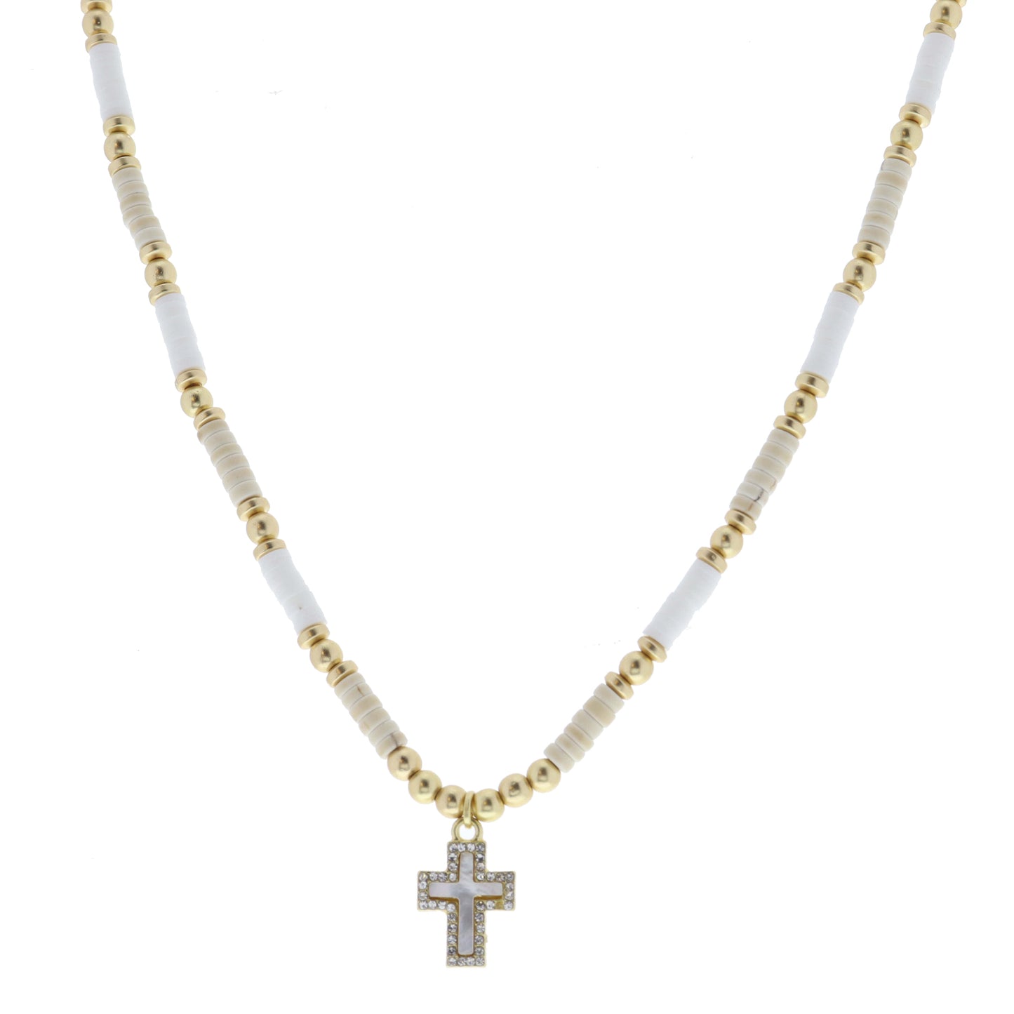 Natural Stone, White Rubber Sequin, Gold Beaded with White Shell and Clear Crystal Cross Necklace