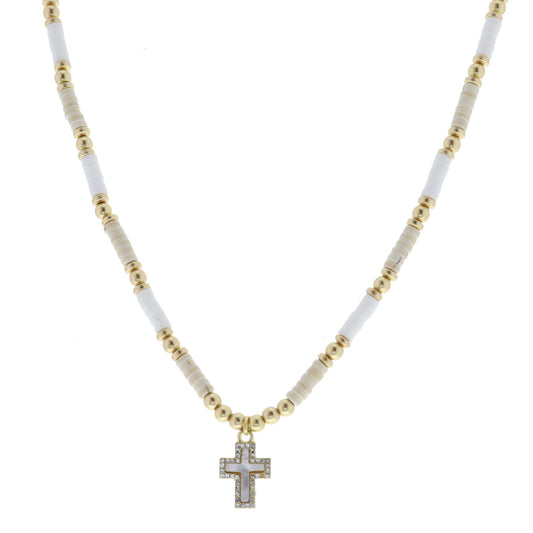 Natural Stone, White Rubber Sequin, Gold Beaded with White Shell and Clear Crystal Cross Necklace