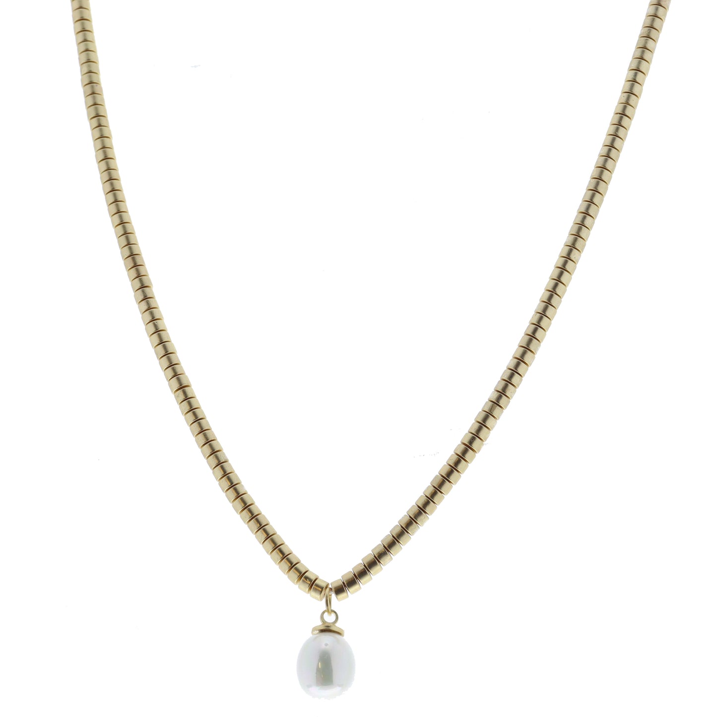 Gold Cyliner Disc Beaded with Drop Pearl Necklace