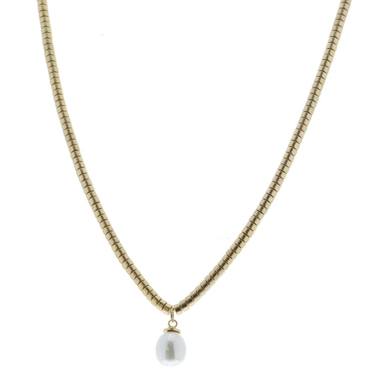 Gold Cyliner Disc Beaded with Drop Pearl Necklace