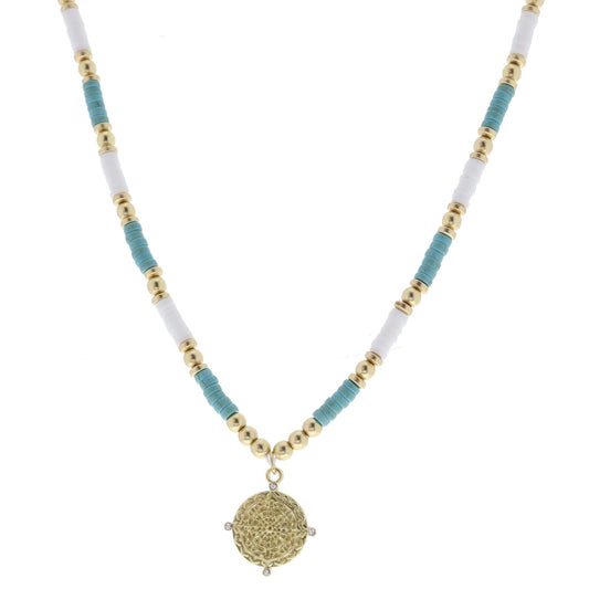 Turquoise Stone, White Rubber Sequin, Gold Beaded with Gold Medallion and Clear Crystals Necklace