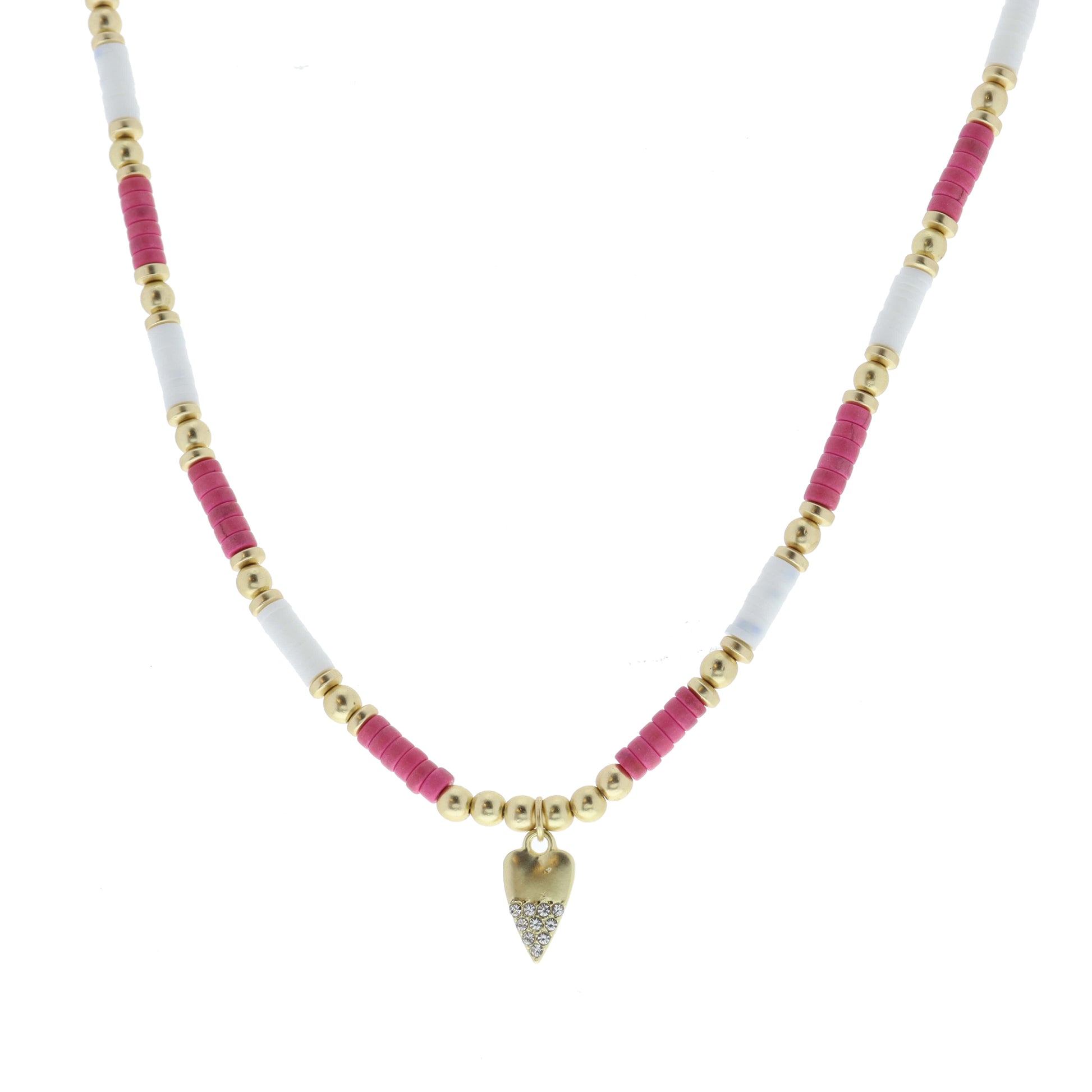 Hot Pink Stone, White Rubber Sequin, Gold Beaded with Gold and Clear Crystal Heart Necklace