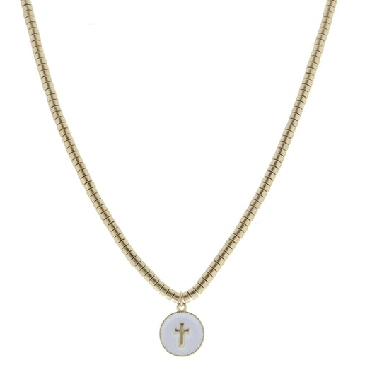 Gold Cyliner Disc Beaded with White Enamel Cross Circle Necklace