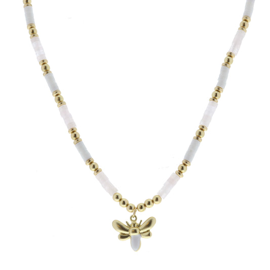 Rose Quartz, White Rubber Sequin, Gold Beaded with Gold and White Enamel Bee Necklace