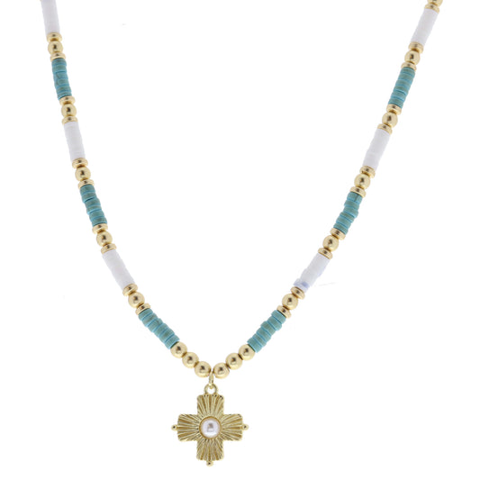 Turquoise Stone, White Rubber Sequin, Gold Beaded with Pearl on Gold Sunray Cross Necklace