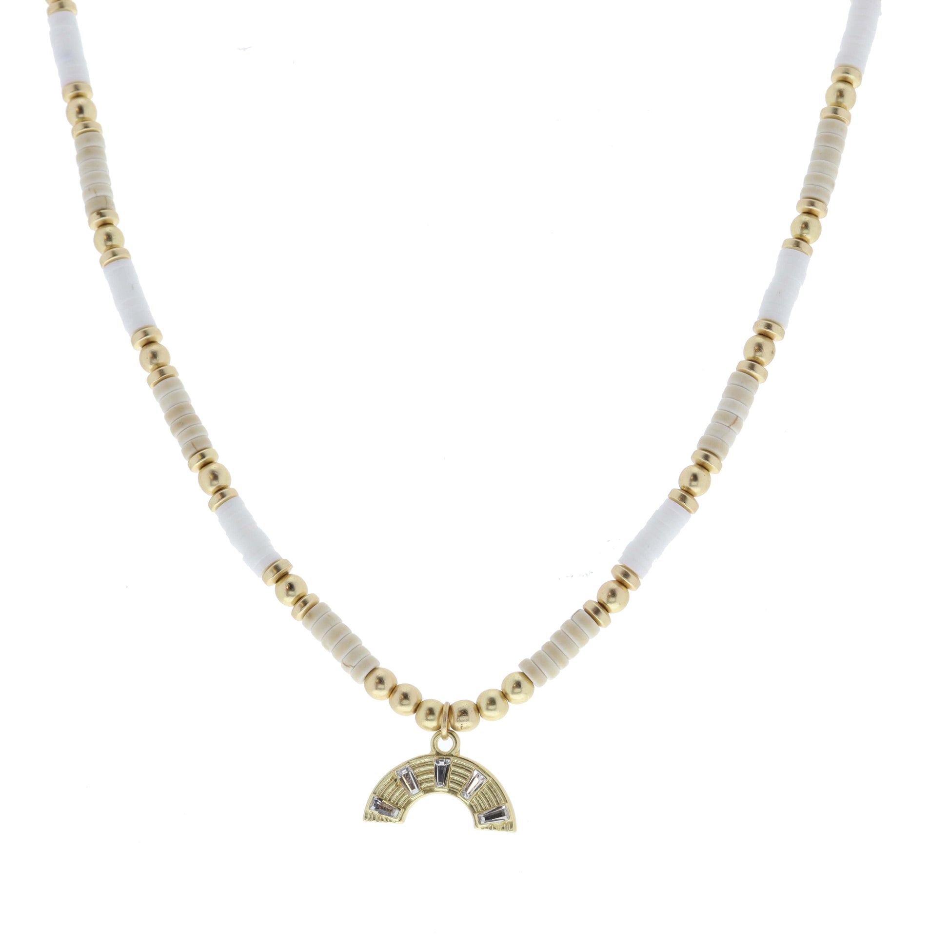 Natural Stone, White Sequin, Gold Beaded with Gold Rainbow Necklace