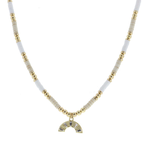 Natural Stone, White Sequin, Gold Beaded with Gold Rainbow Necklace