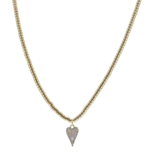Gold Cyliner Disc Beaded with White Shell and Clear Crystal Heart Necklace