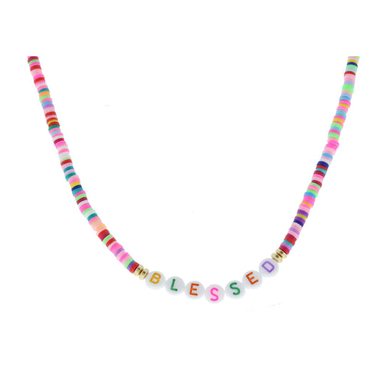 Kids "BLESSED" Beads on Multi Rainbow Rubber Sequin Necklace