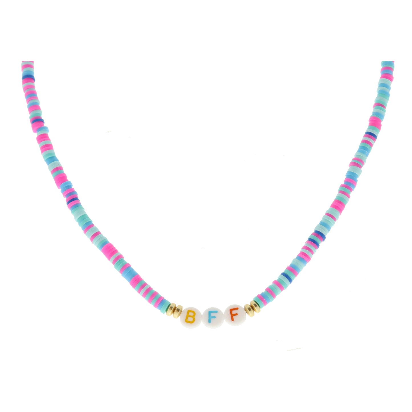 Kids "BFF" Beads on Multi Teal, Mint, Pink Rubber Sequin Necklace