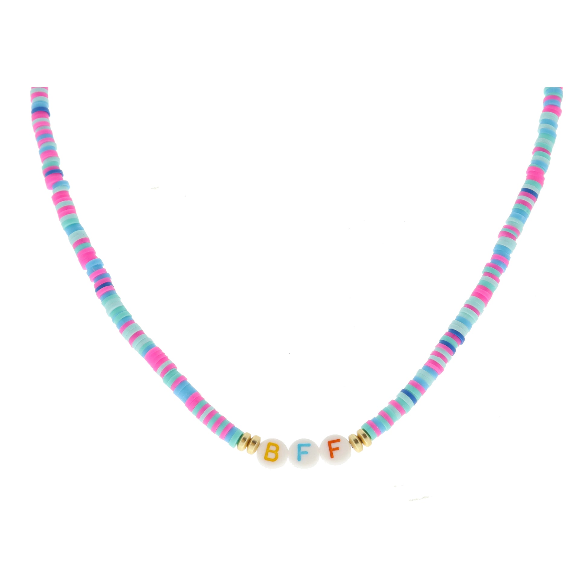 Kids "BFF" Beads on Multi Teal, Mint, Pink Rubber Sequin Necklace