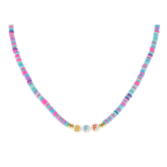 Kids "BFF" Beads on Multi Teal, Mint, Pink Rubber Sequin Necklace