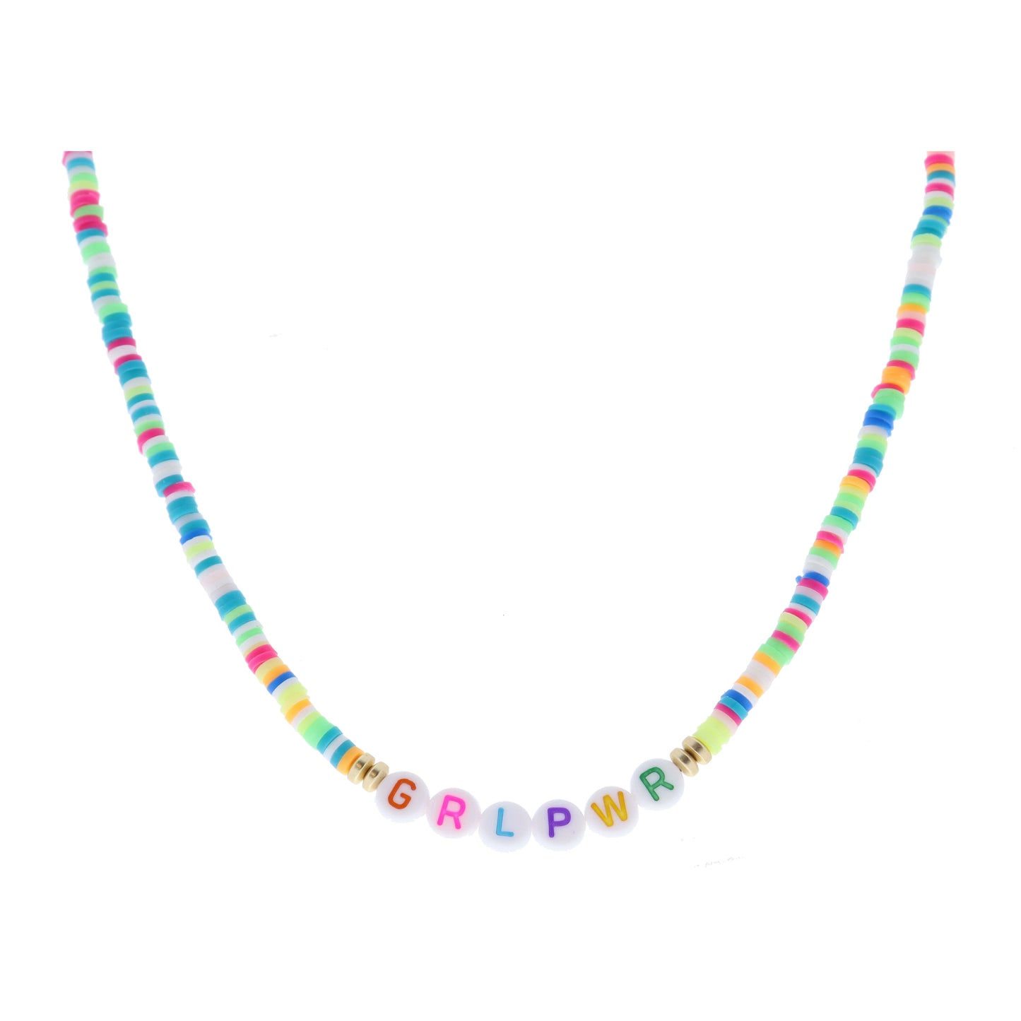 Kids "GRLPWR" Beads on Teal, Green, White, Orange Rubber Sequin Necklace
