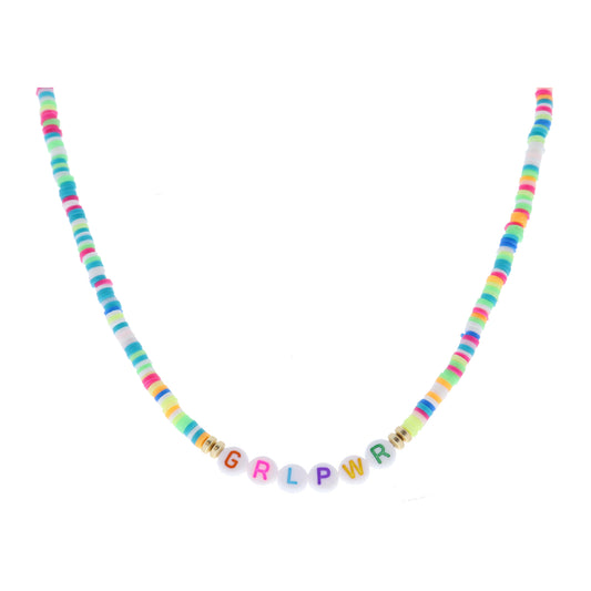 Kids "GRLPWR" Beads on Teal, Green, White, Orange Rubber Sequin Necklace