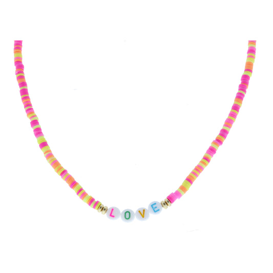 Kids "LOVE" Beads on Multi Hot Pink, Orange, Pink, Yellow Rubber Sequin Necklace