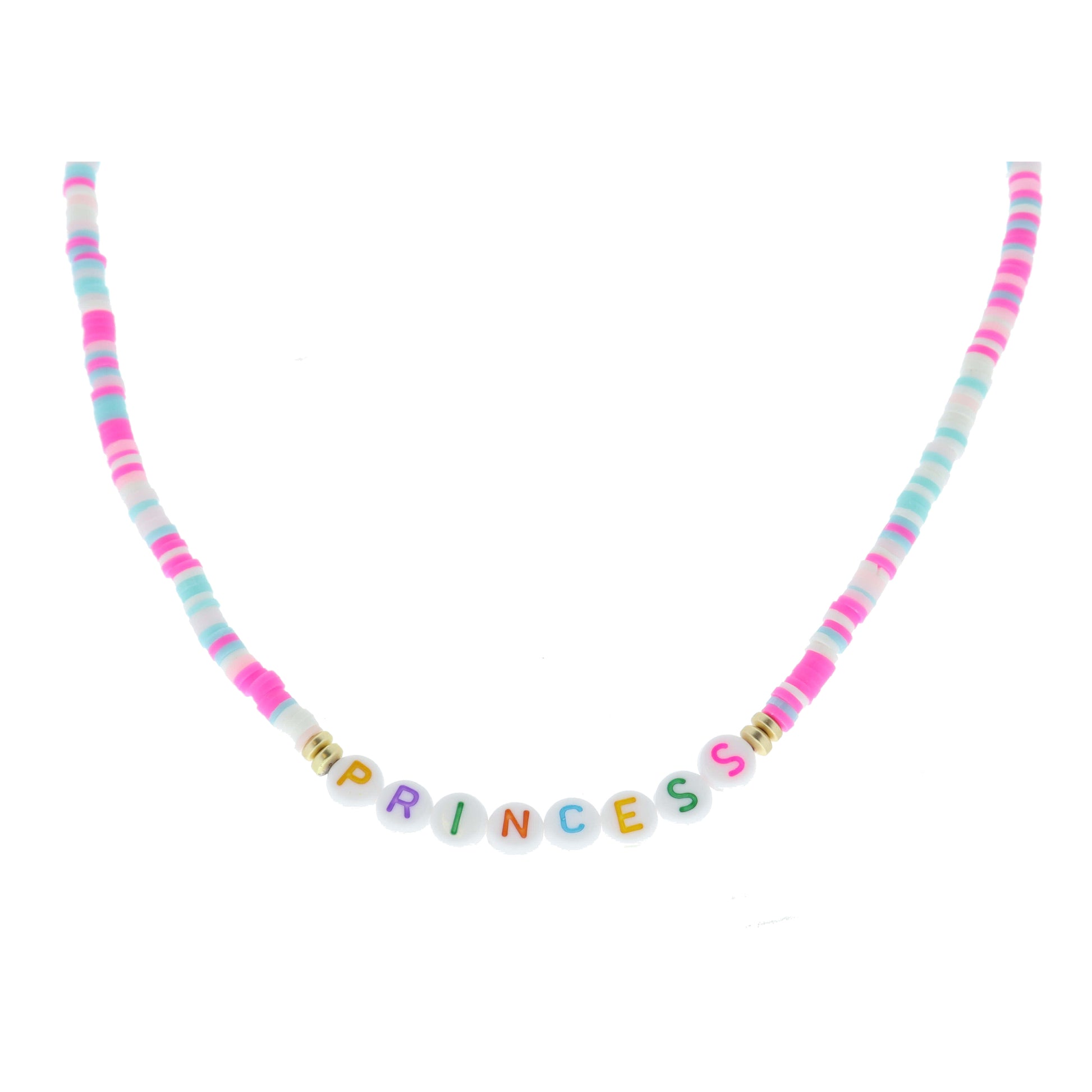 Kids "PRINCESS" Beads on Multi Pink, Mint, Peach, White Rubber Sequin Necklace