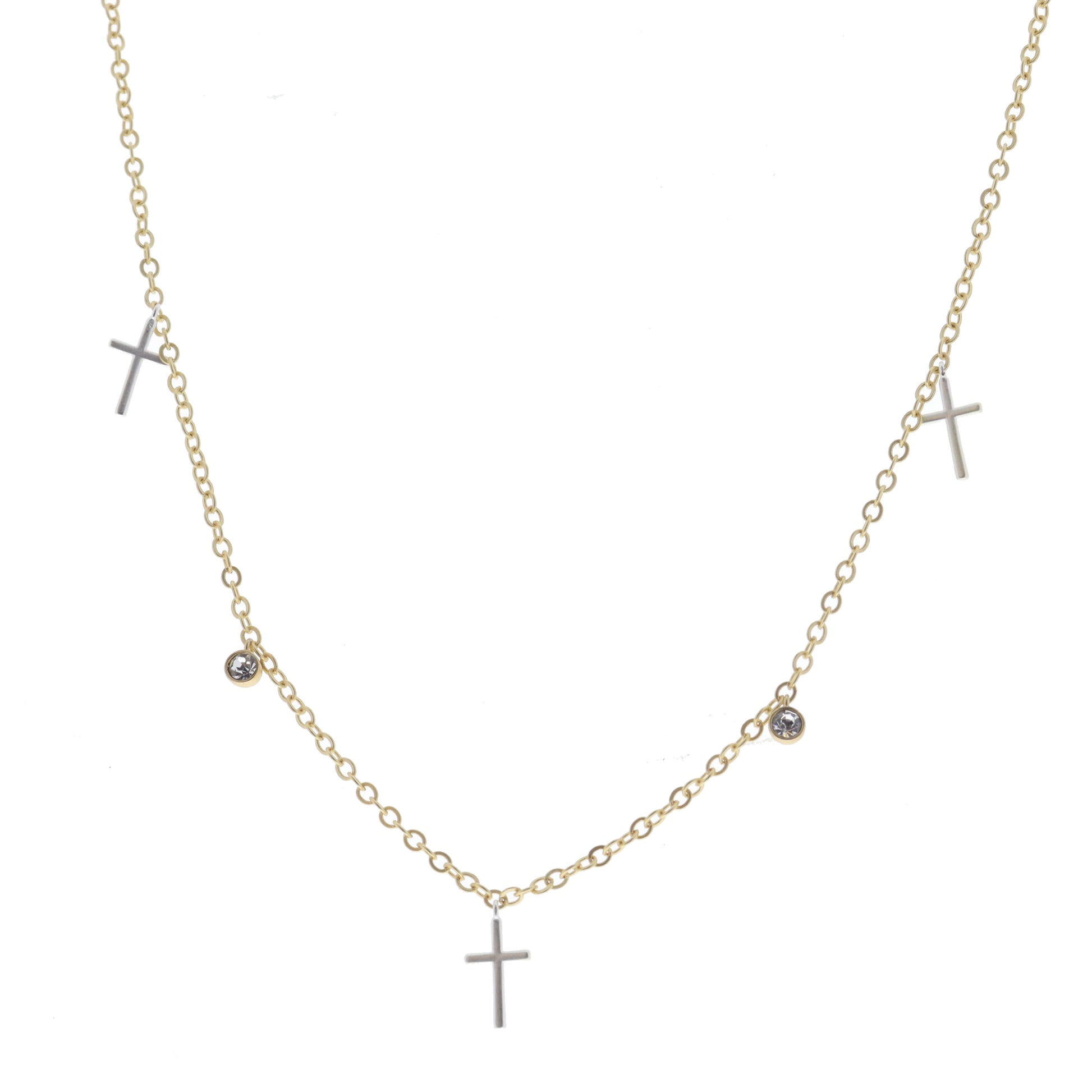 Multi Silver Crosses and Mini Clear Crystal Stations Necklace