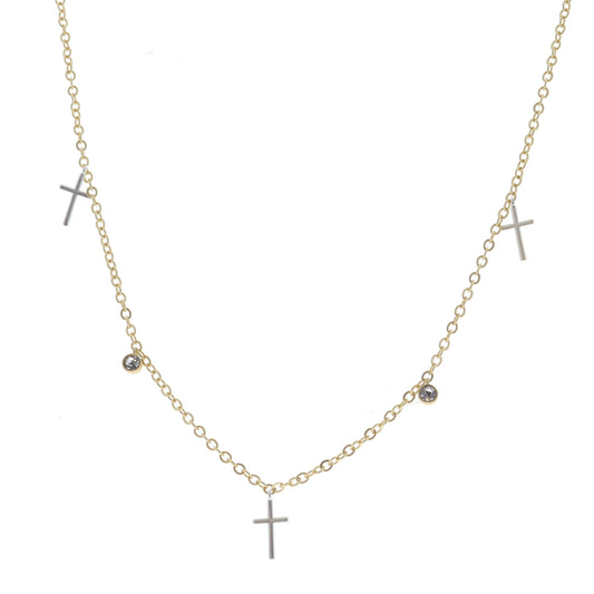 Multi Silver Crosses and Mini Clear Crystal Stations Necklace