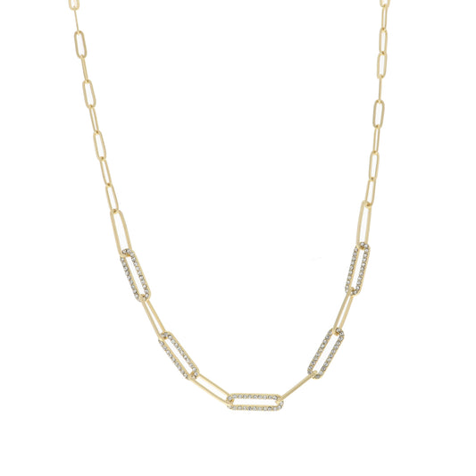 Gold Clear Crystal Paperclip Links Necklace