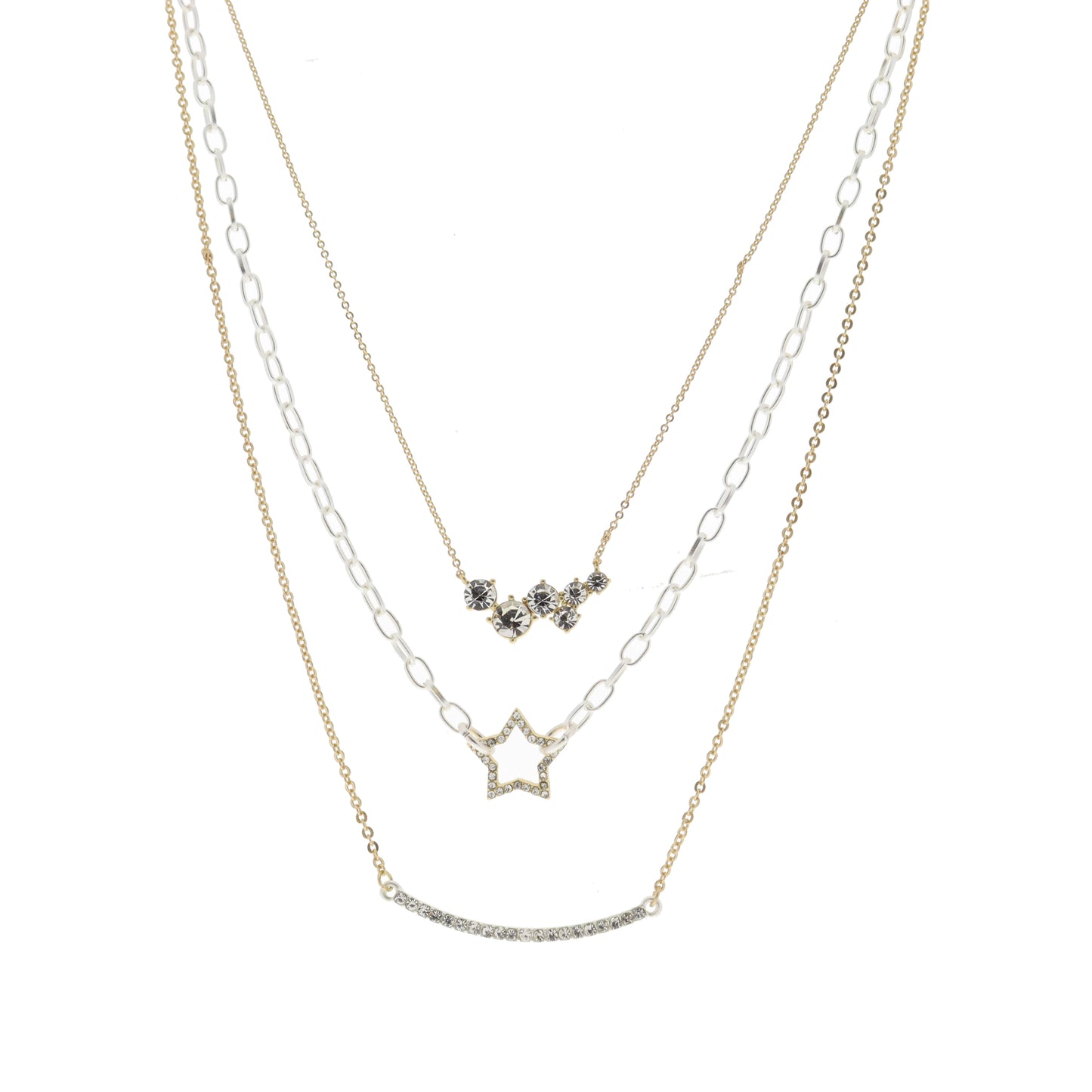 3 Strand, Crystal Cluster Bar, Gold Star, Silver Crystal Curved Bar Necklace