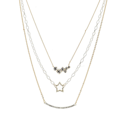 3 Strand, Crystal Cluster Bar, Gold Star, Silver Crystal Curved Bar Necklace