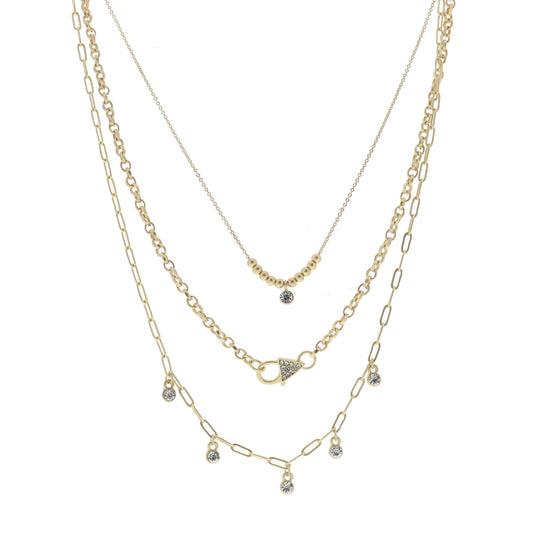 3 Strand, Gold Balls with Crystal Drop, Faux Gold Crystal Lobster Closure, Multi Crystal Drops Necklace