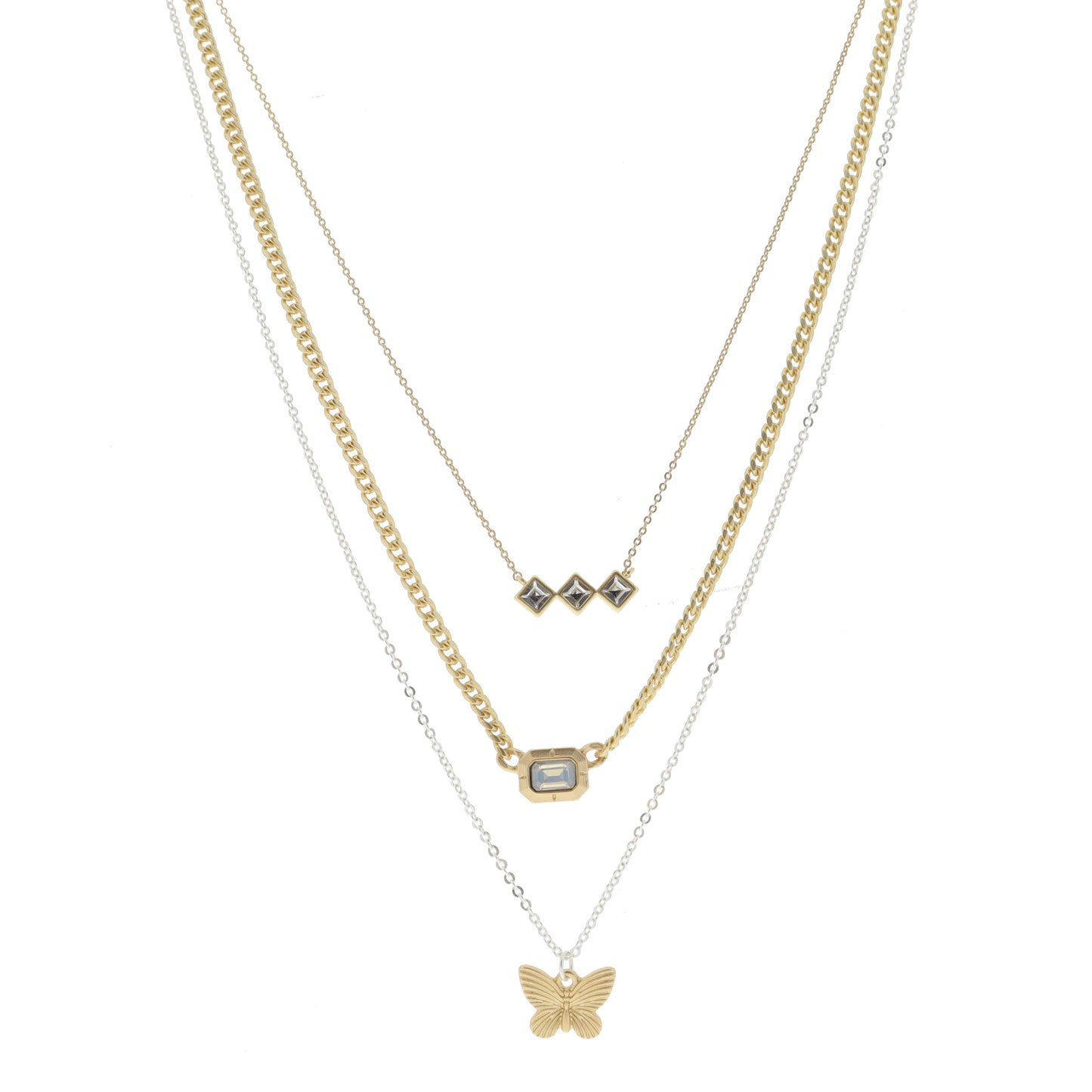 3 Strand, Diamond Crystal Bar, Moonstone Crystal Gold Emerald Plate, Gold Butterfly Necklace
