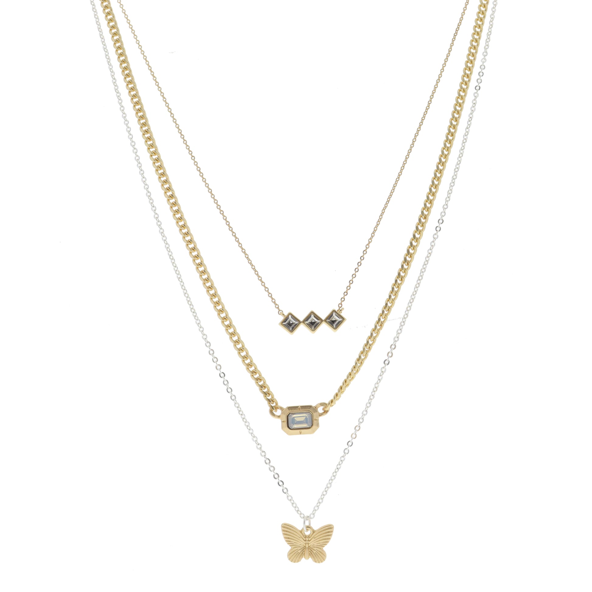 3 Strand, Diamond Crystal Bar, Moonstone Crystal Gold Emerald Plate, Gold Butterfly Necklace