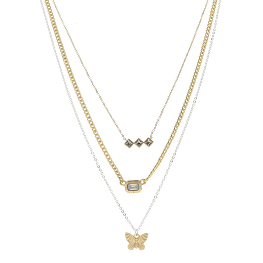 3 Strand, Diamond Crystal Bar, Moonstone Crystal Gold Emerald Plate, Gold Butterfly Necklace