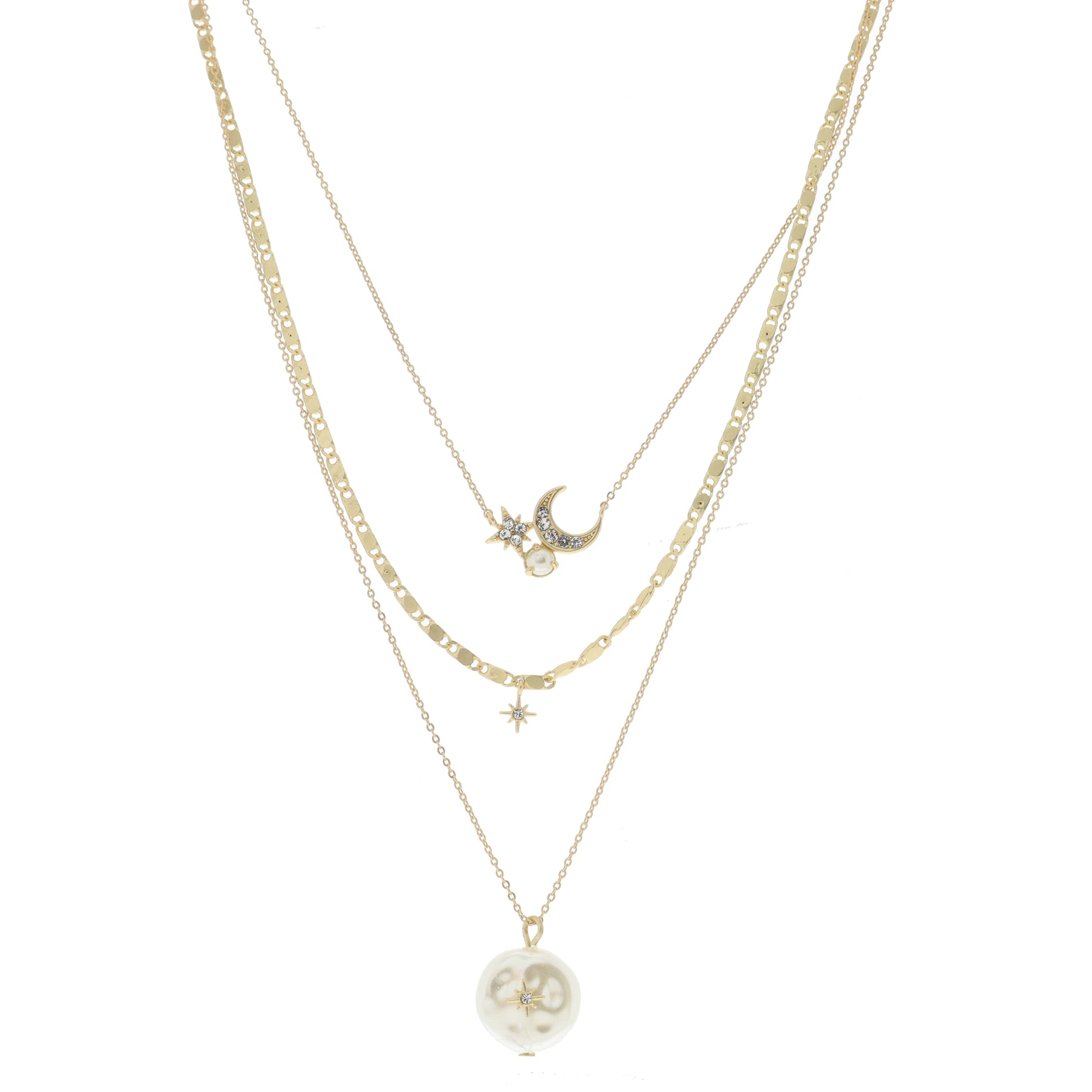 3 Strand, Moon and Star, Pearl Cluster, Crystal Star, Coin Pearl with Center Star Necklace