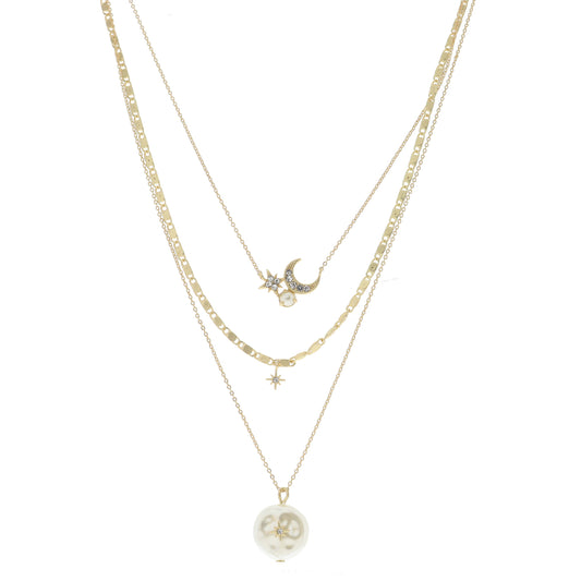 3 Strand, Moon and Star, Pearl Cluster, Crystal Star, Coin Pearl with Center Star Necklace