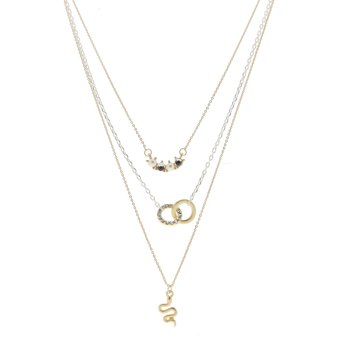 3 Strand, Pearl and Clear Crystal Curved Bar, Gold and Clear Crystal Circle Links, Gold Snake Necklace