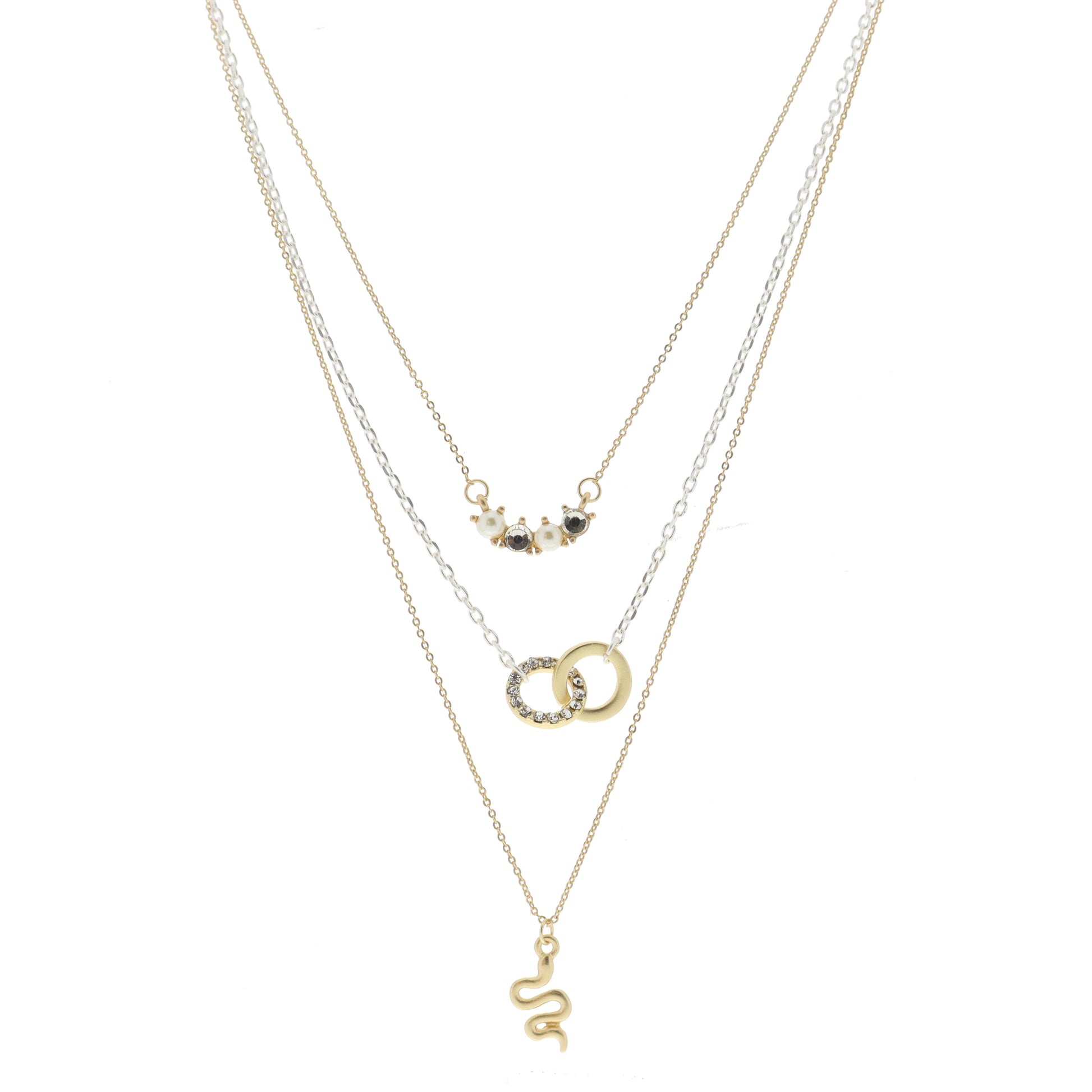 3 Strand, Pearl and Clear Crystal Curved Bar, Gold and Clear Crystal Circle Links, Gold Snake Necklace
